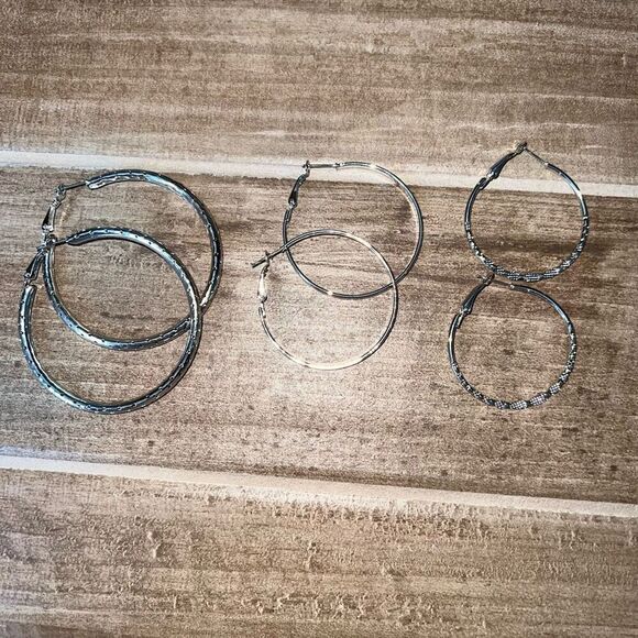 Chunky Large Set 3 Etched Hoops Earrings Silver Tone Sparkle Dangle Oversized - Picture 1 of 7